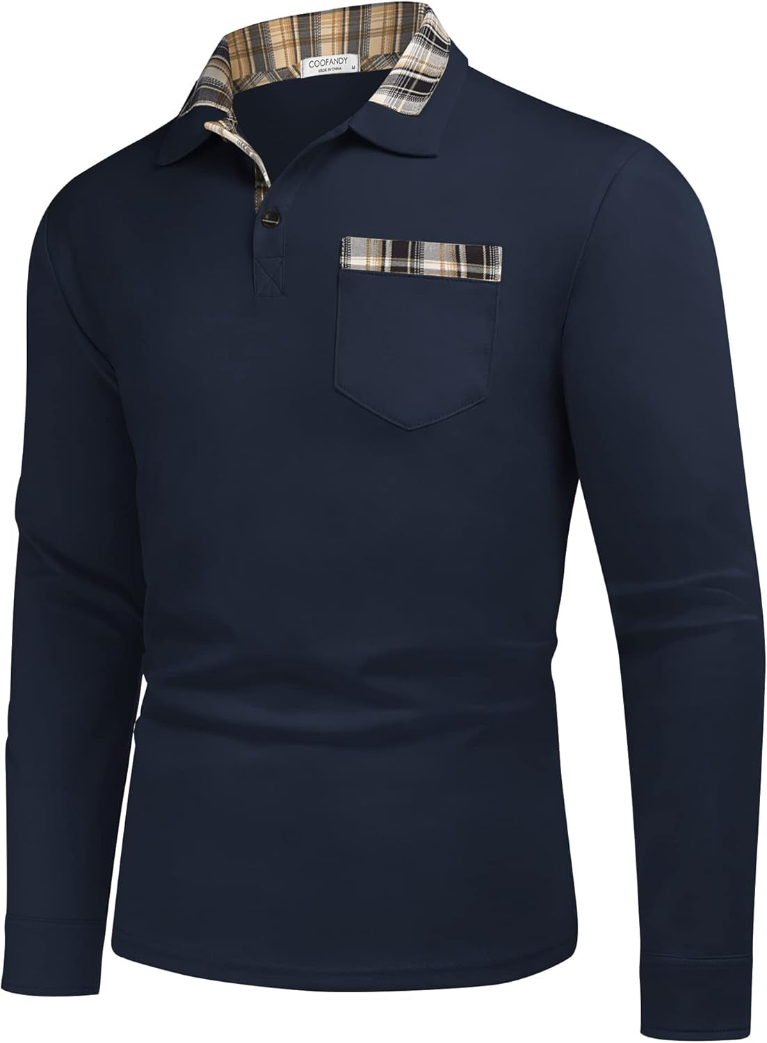 Men'S Casual Polo Shirt Long Sleeve Classic Plaid Button Tees with Pockets