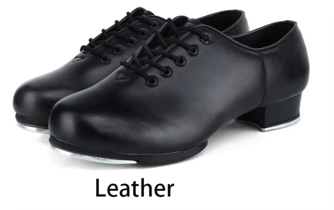 Genuine Leather Adult Tap Dance Shoes Men Women Kicked Shoes Sports Leather Soft Bottom High-Impact Aluminum Plate Black Shoe