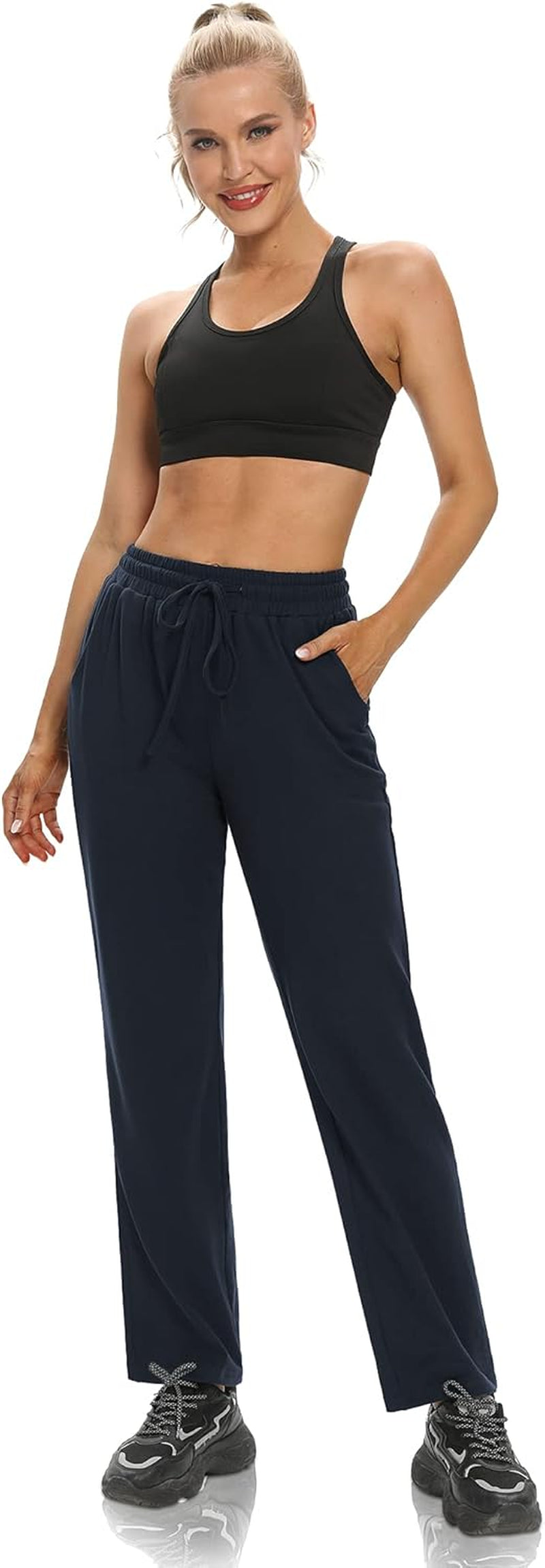 Womens Yoga Pants Wide Leg Comfy Lounge Pants Casual Loose Drawstring Cotton Pajamas Sweat Pants with Pockets Navy XL