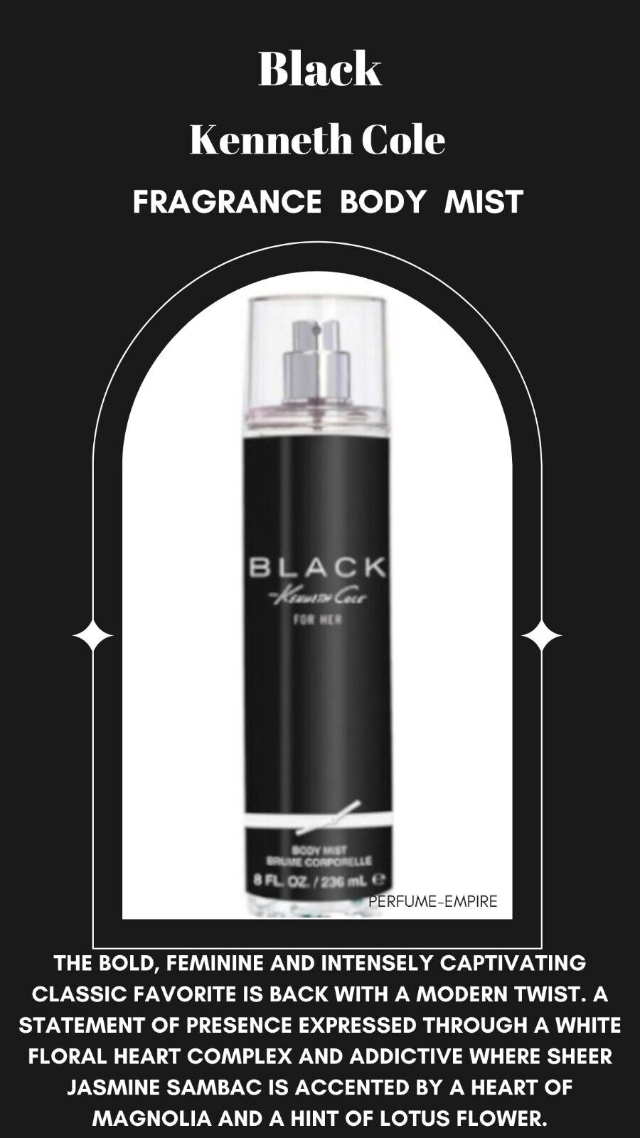 Black by Kenneth Cole for Women Perfume Mist 8 Oz New