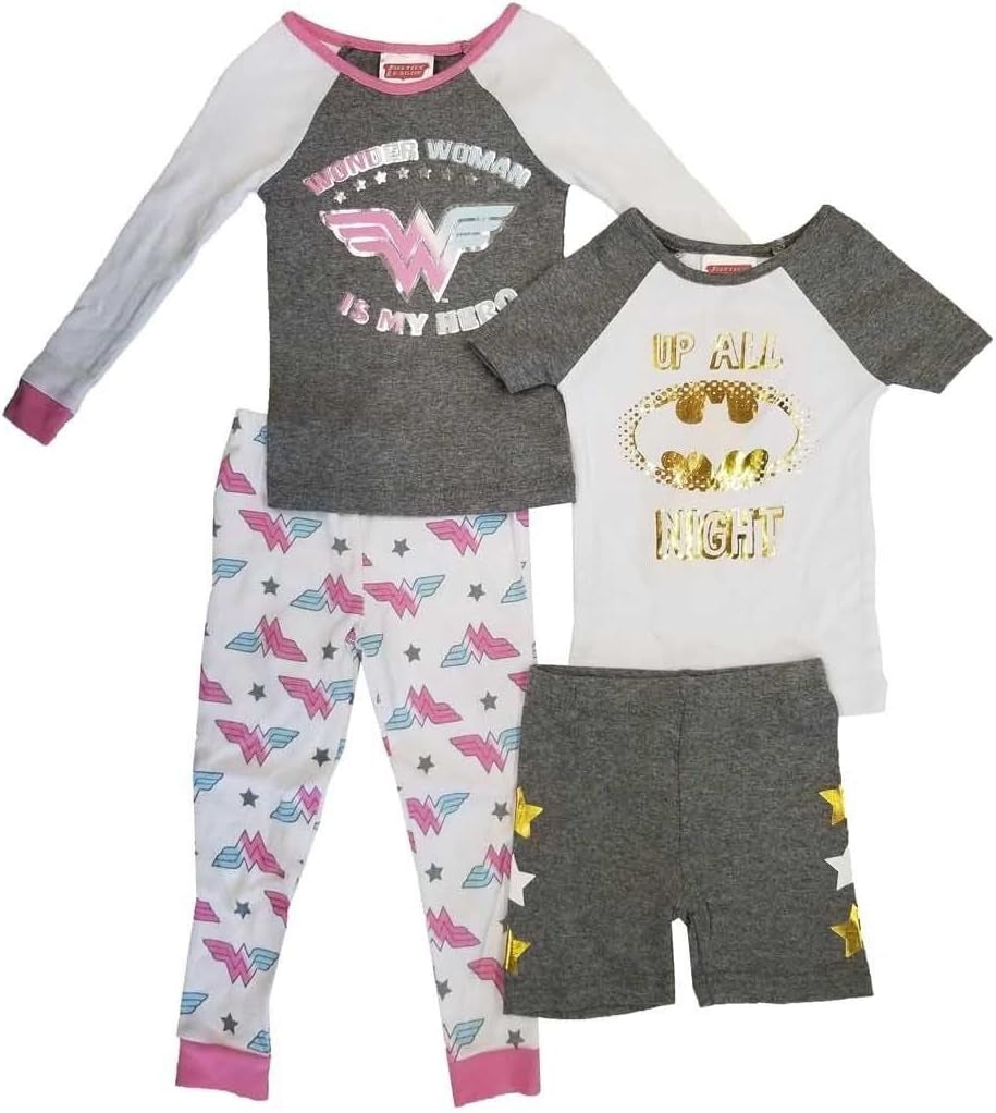 Wonder Woman Is My Hero Girls' 4-Piece Cotton Pajamas Sleepwear Set with Shorts and Pants