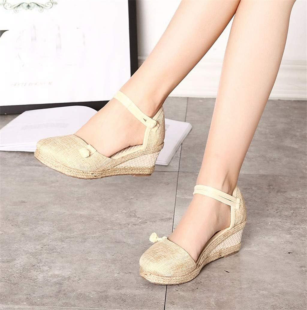 Women Closed Toe Ankle Strap Espadrille Sandals Retro Style Platform Wedge Thick Bottom Shoes Beige