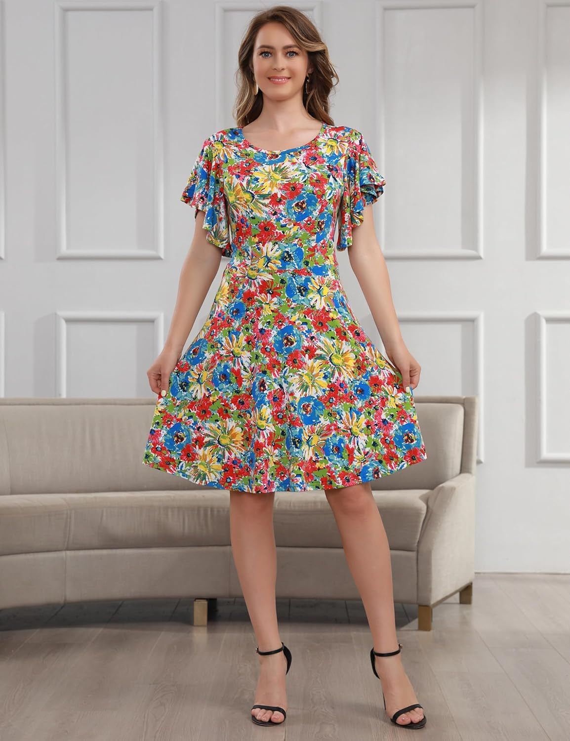 Women'S Flutter Sleeve Cute Fit and Flare Flowy Casual Summer Dress Cocktail Party Wedding Guest