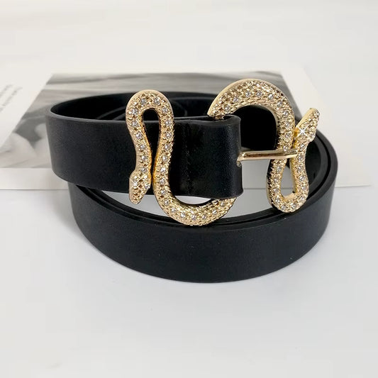 Designer Belts for Women High Quality Luxury Brand Shiny Rhinestone Snake Buckle PU Leather Corset Belt Ladies Jeans Waistband