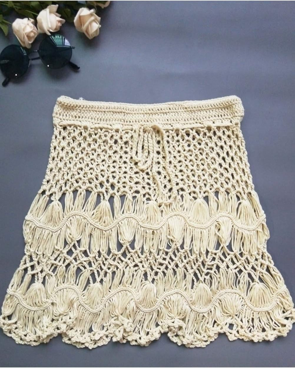 Crochet Cover up Skirt, See through Sexy Cover Ups for Swimwear Women, Net High Waist Coverup Beige Large