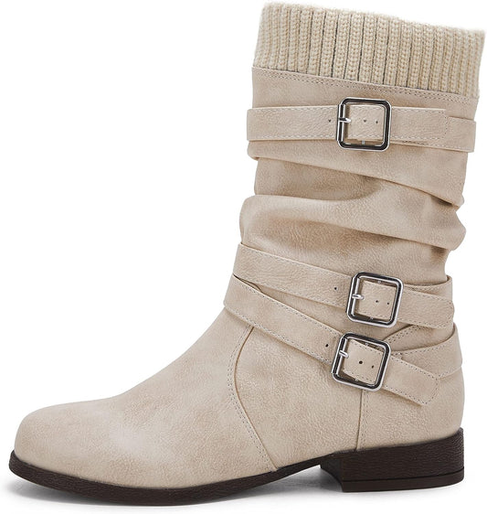 Womens Winter Mid Calf Slouchy Low Chunky Block Heel Faux Leather Buckle Strap Snow Booties