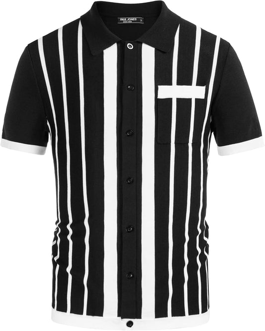 Mens Polo Shirts Vintage Striped Button down Knitted Golf Shirts