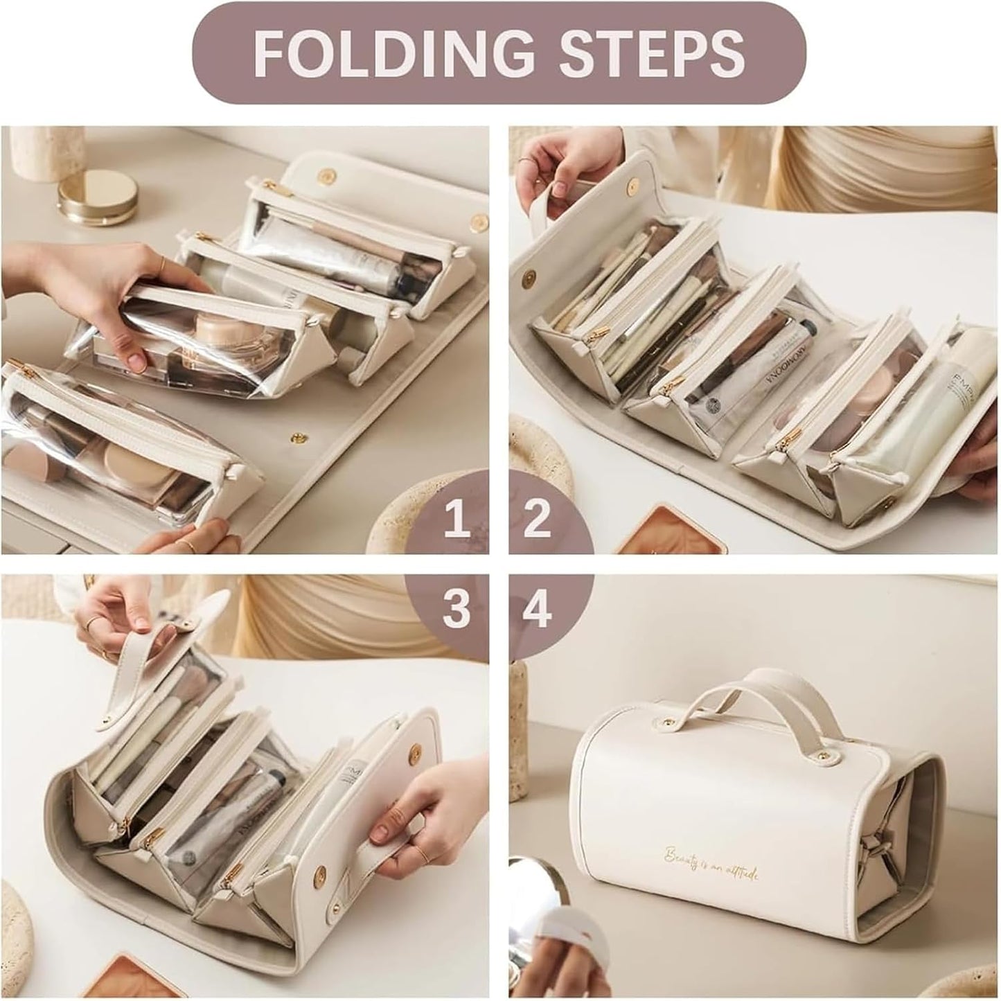 Leather Waterproof Cosmetic Bag, Leather Cosmetic Bag, Leather Waterproof Cosmetic Bag Detachable 4 in 1, Leather Waterproof Rollup Cosmetic Bag with 4 Detachable Clear Compartment-Brown