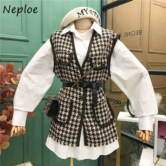 Small Fragrance Vintage 2 Pcs Women Set Turn down Collar Long Sleeve Shirt + V Neck Sleeveless Plaid Vest Spring Suit