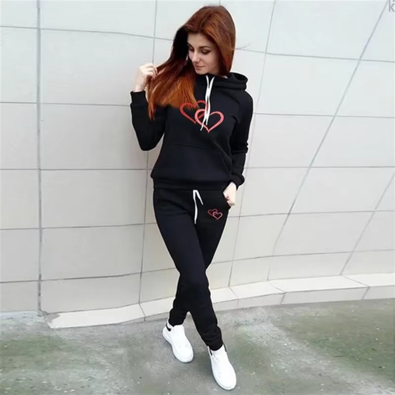 Love Print Ladies Sportswear Sportswear Jogging Clothes Ladies Hooded Sportswear Suit Clothes Hoodie + Sports Pants Sports