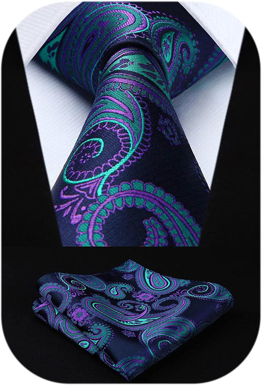 Extra Long Ties for Men Classic Floral Tie and Pocket Square Elegant Silk Necktie Handkerchief Set Wedding Party