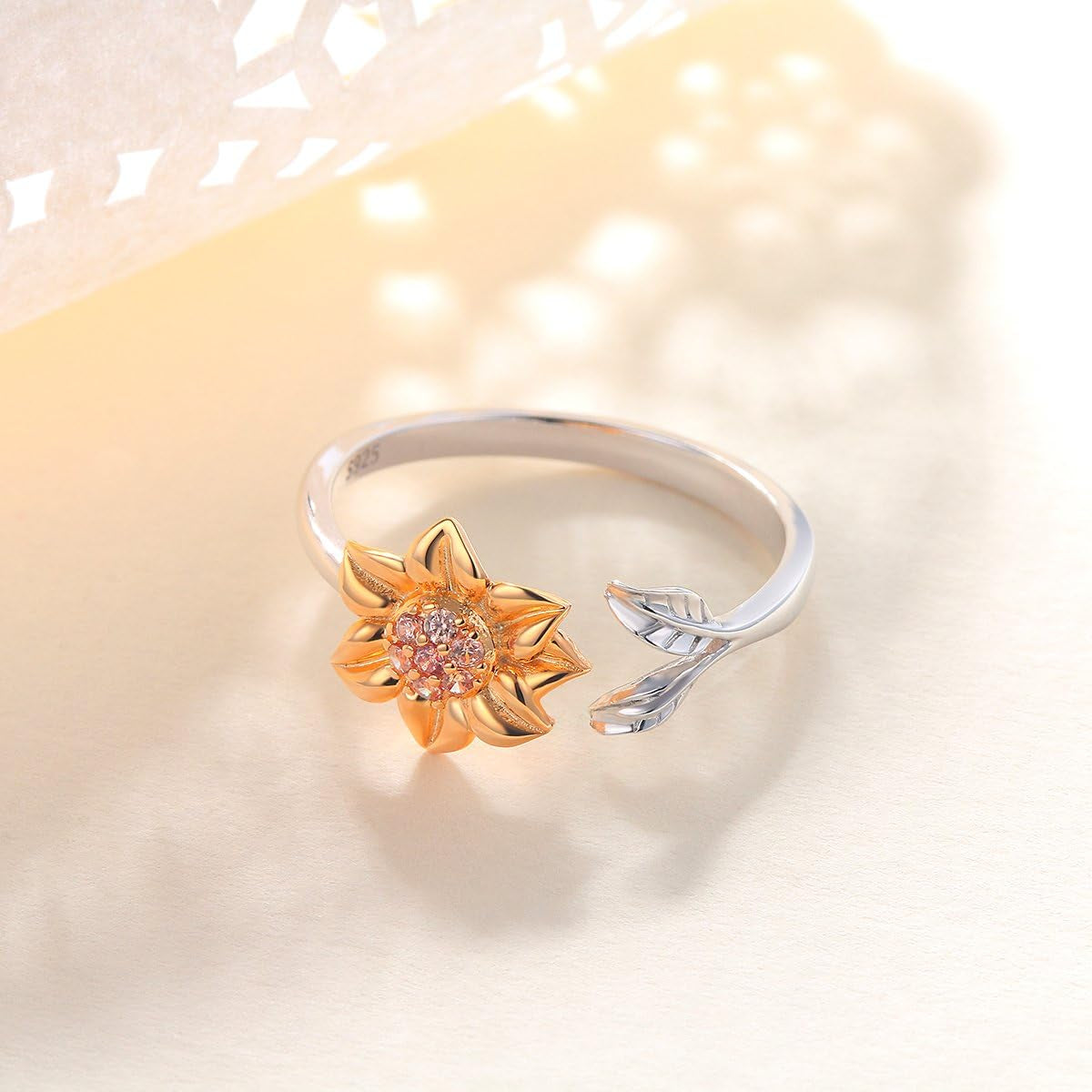 S925 Sterling Silver Sunflower with CZ Ring Adjustable Size 5 6 7 8 9