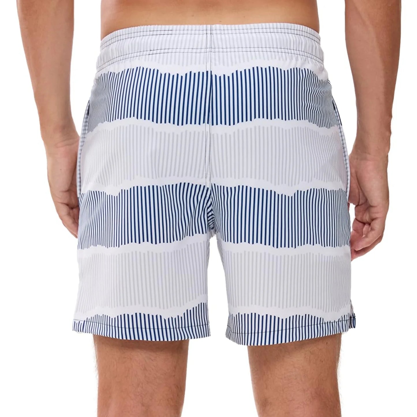 Mens Swim Trunks Stretch Water Beach Shorts with Compression Liner 2 in 1 Quick-Dry Swimming Shorts with Zipper Pockets, Blue White Stripes, M
