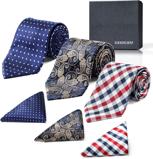 Mens Ties and Pocket Square Set Business Elegant Ties for Men Classic Lot 3 Pcs Wedding Party Neckties & Handkerchief