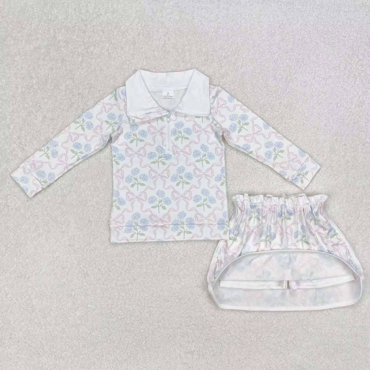 Wholesale Infant Long Sleeves Clothing Blue Flower Shirt Baby Girl Floral Outfit Toddler Skirt Skorts Shorts Children Kids Set