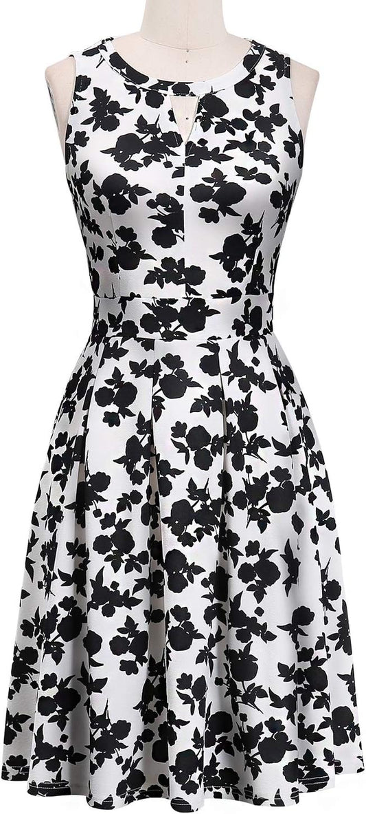 Summer Dresses for Women with Pockets Elegant Retro 50S Pleated V Keyhole Sleeveless Holiday Party Dance Wedding Guest Dress (S, Sp81-White Black Flo)