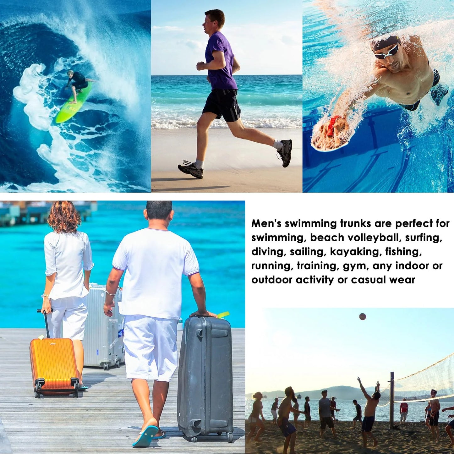 Mens Swim Trunks Stretch Water Beach Shorts with Compression Liner 2 in 1 Quick-Dry Swimming Shorts with Zipper Pockets, Blue White Stripes, M