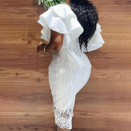 2024 Summer Fashion Midi Dress Elegant Evening Party White Dresses for Women Classy Prom High-Waist Lace Ruffle Female Clothing