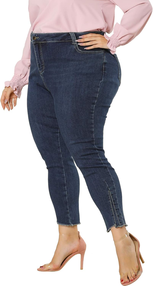 plus Size Jeans for Women Frayed Hem Stretchy Mid-Rise Skinny Ankle Jean 4X Blue