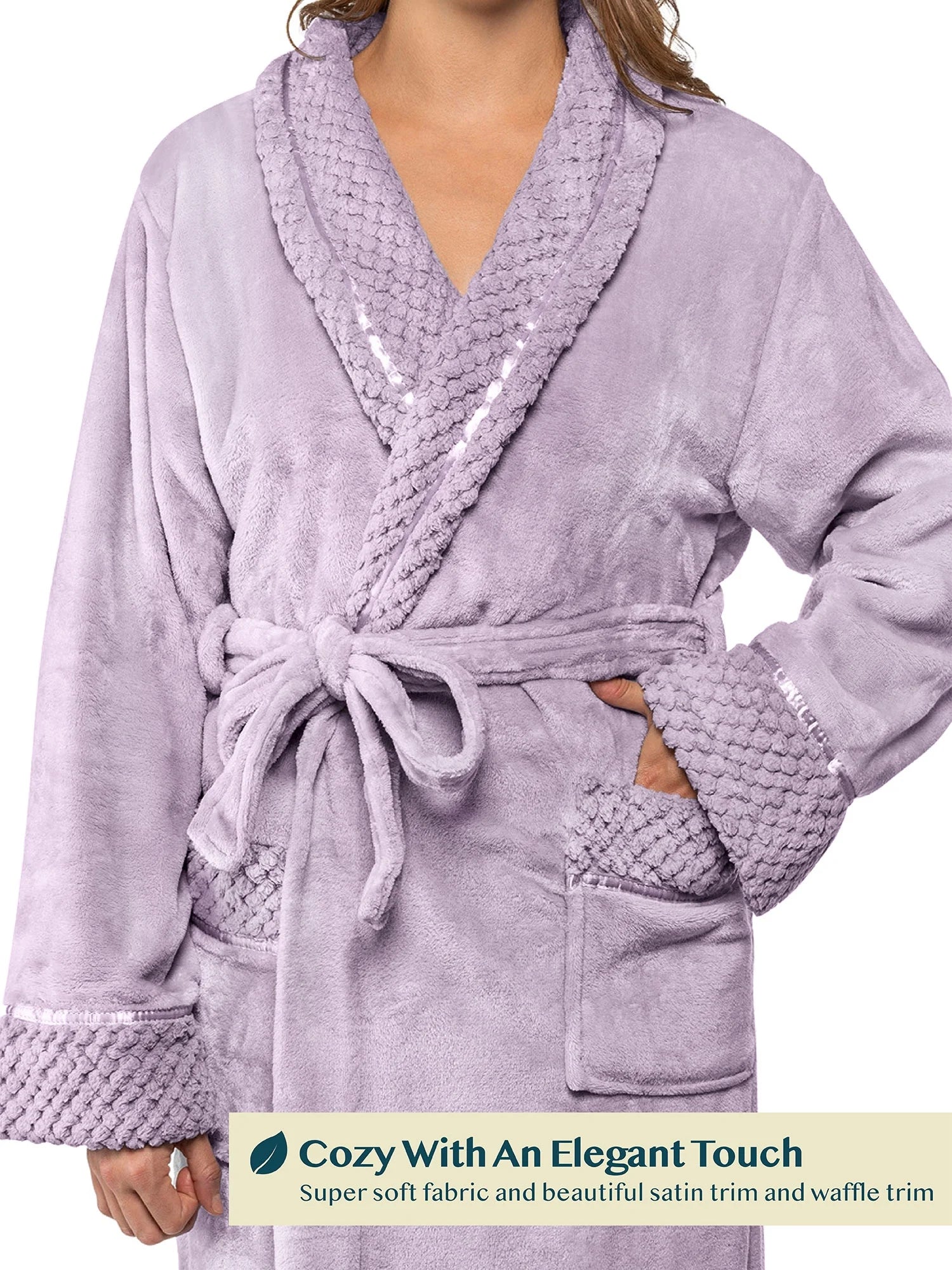Soft Plush Women Fleece Robe, Lavender Light Purple Cozy Bathrobe, Female Long Spa Robe, Warm Housecoat, Satin Waffle Trim, L/XL