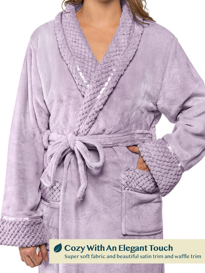 Soft Plush Women Fleece Robe, Lavender Light Purple Cozy Bathrobe, Female Long Spa Robe, Warm Housecoat, Satin Waffle Trim, L/XL