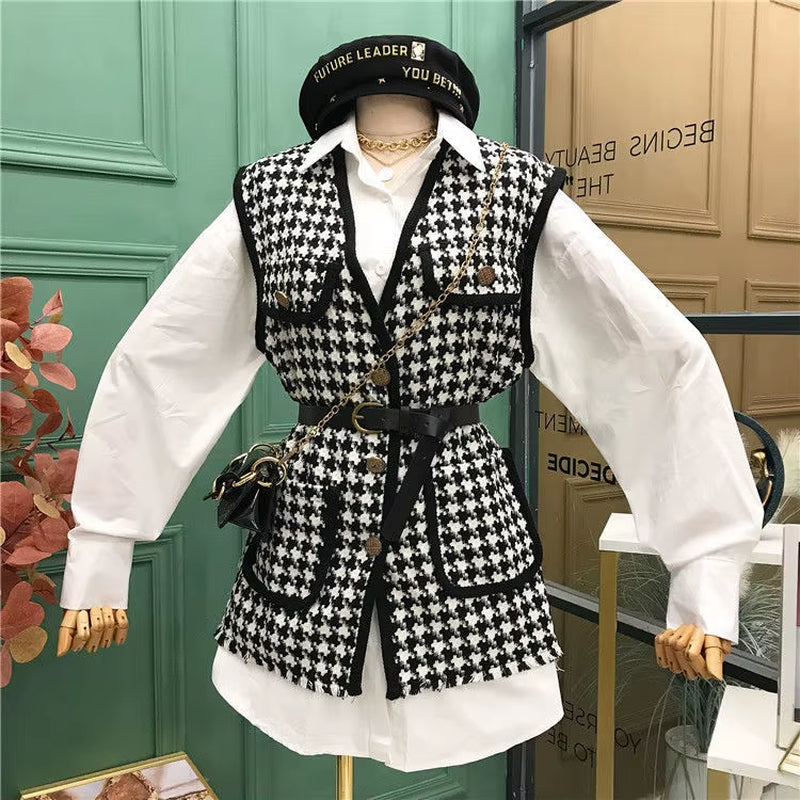 Small Fragrance Vintage 2 Pcs Women Set Turn down Collar Long Sleeve Shirt + V Neck Sleeveless Plaid Vest Spring Suit