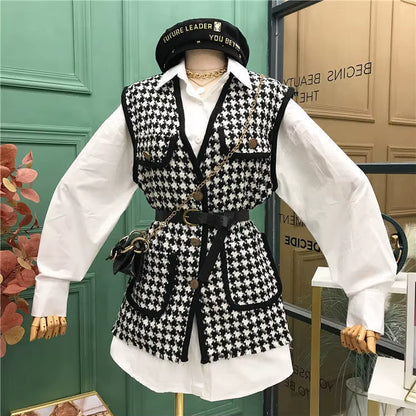 Small Fragrance Vintage 2 Pcs Women Set Turn down Collar Long Sleeve Shirt + V Neck Sleeveless Plaid Vest Spring Suit