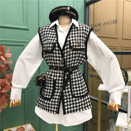 Small Fragrance Vintage 2 Pcs Women Set Turn down Collar Long Sleeve Shirt + V Neck Sleeveless Plaid Vest Spring Suit