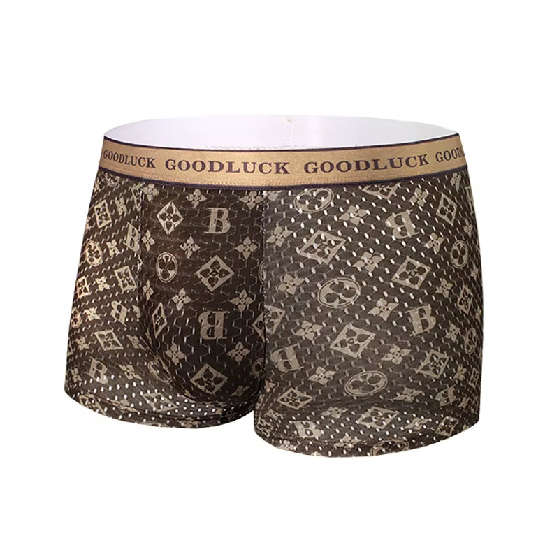 4Pcs/Set Men'S Underwear Ice Silk Ultra-Thin Printed Seamless Graphene Crotch Fashion Men Underpant Breathable Sexy Boxer Shorts