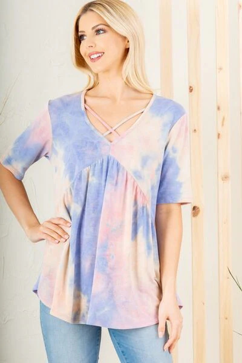 Heimish Full Size Crisscross Tie Dye Babydoll Top plus Size