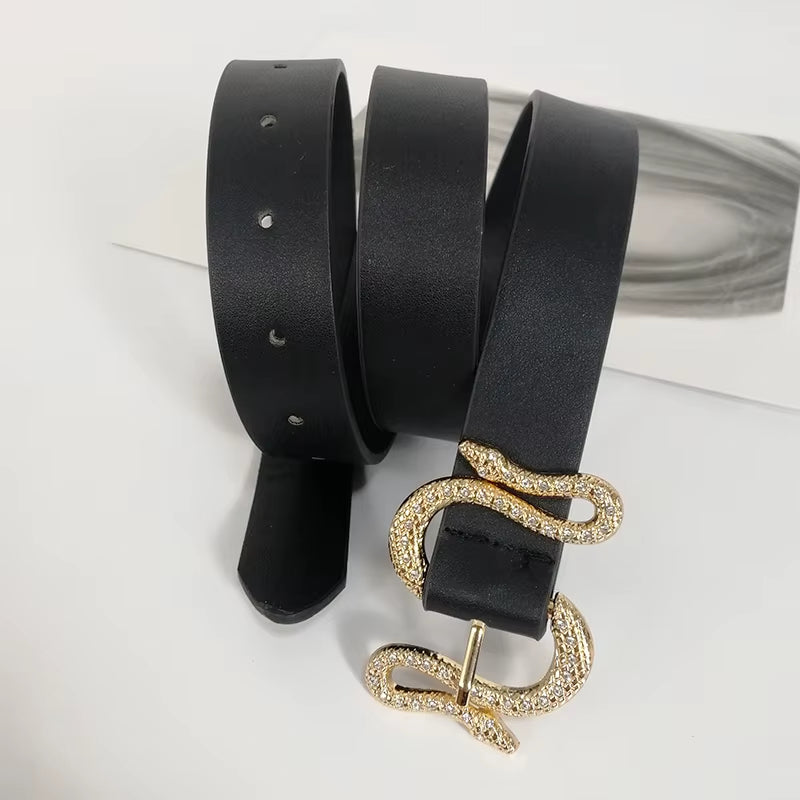 Designer Belts for Women High Quality Luxury Brand Shiny Rhinestone Snake Buckle PU Leather Corset Belt Ladies Jeans Waistband