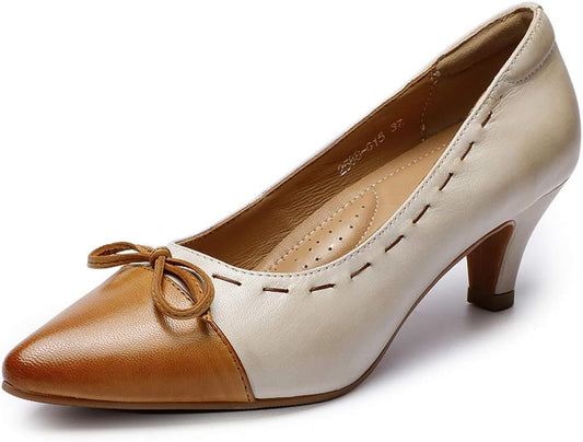 Womens Leather Elegant Pointed Toe Bowknot Pumps Ladies Kitten Heels Dressy Casual Office Work Shoes