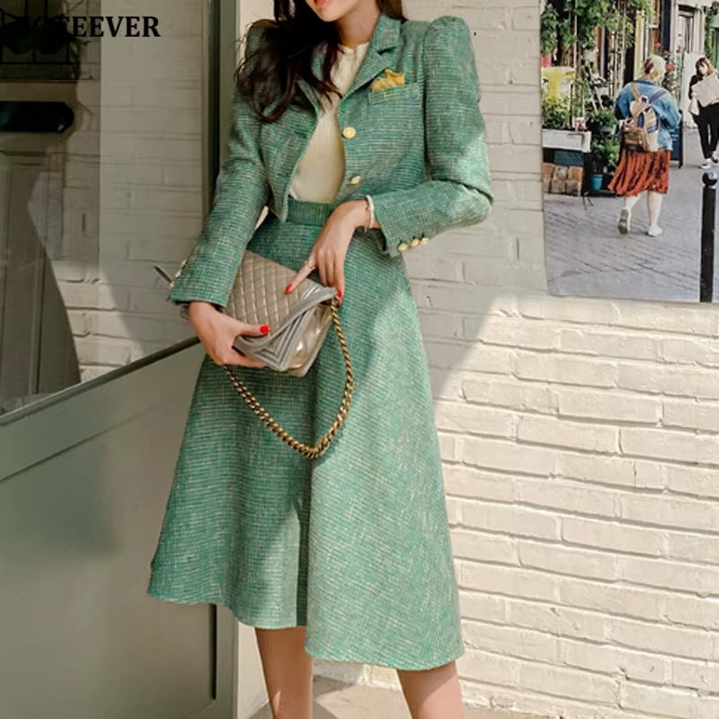 Vintage Ladies 2 Pieces Skirt Suits Short Jackets & High Waist A-Line Midi Skirts 2021 Autumn Elegant Women Suits