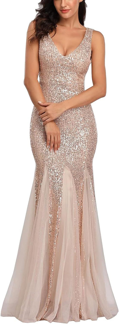 Women Sequin Dress Tulle Party Dress for Women Sexy V-Neck Dress Formal Long Dresses Evening Prom Gowns