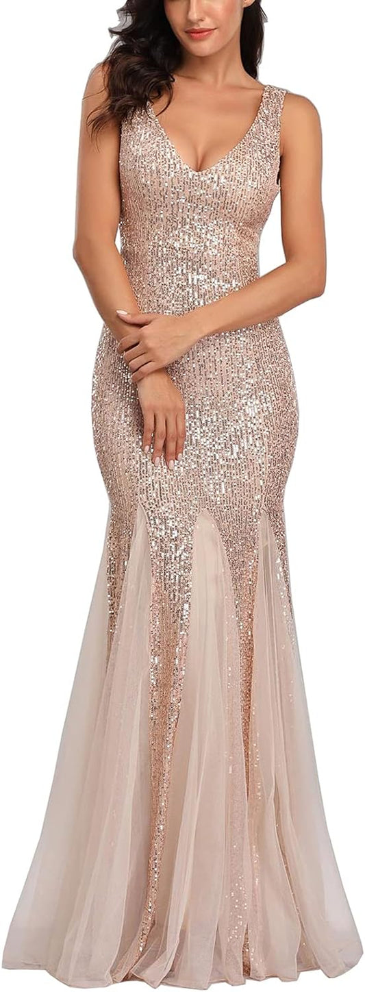 Women Sequin Dress Tulle Party Dress for Women Sexy V-Neck Dress Formal Long Dresses Evening Prom Gowns