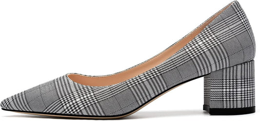 Women'S Chunky Heels Slip-On Pumps Comfortable Leather Mid Heel Pointed Toe Block Office Classic Shoes 5 CM Heel