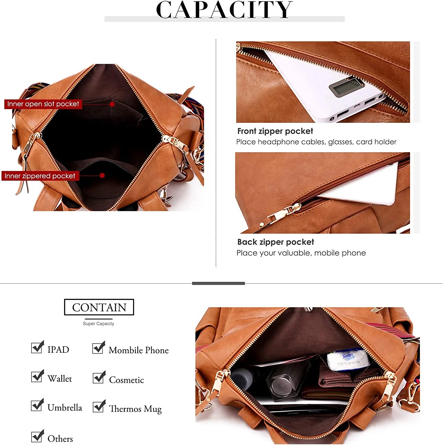 Backpack Purse for Women Fashion Waterproof PU Leather School Backpack Convertible Shoulder Bags Brown