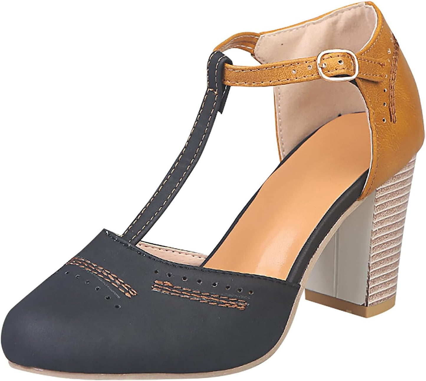 Women'S Classy Mary Janeclassic T-Strap Platform Mid-Heel Square Toe Oxfords High Heel Pumps New Dress Shoes