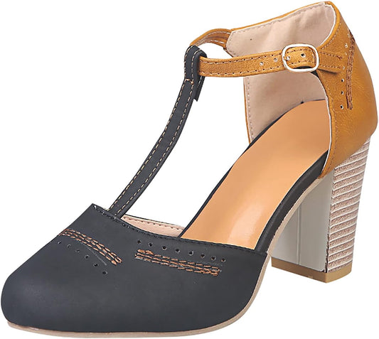 Women'S Classy Mary Janeclassic T-Strap Platform Mid-Heel Square Toe Oxfords High Heel Pumps New Dress Shoes