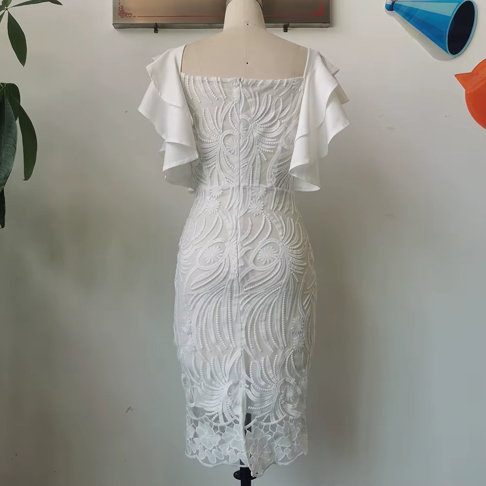 2024 Summer Fashion Midi Dress Elegant Evening Party White Dresses for Women Classy Prom High-Waist Lace Ruffle Female Clothing