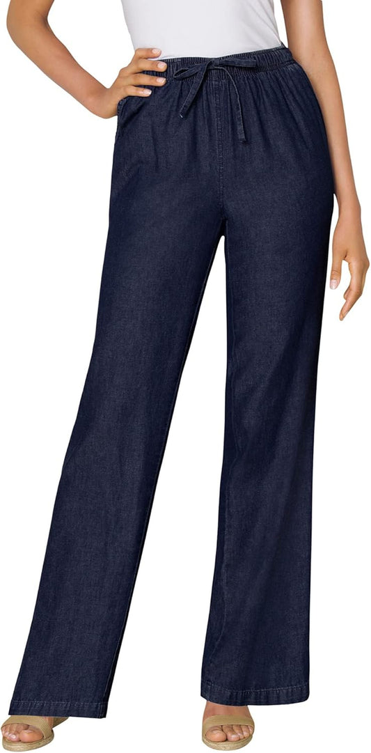 Women'S plus Size Drawstring Denim Wide-Leg Denim Pant