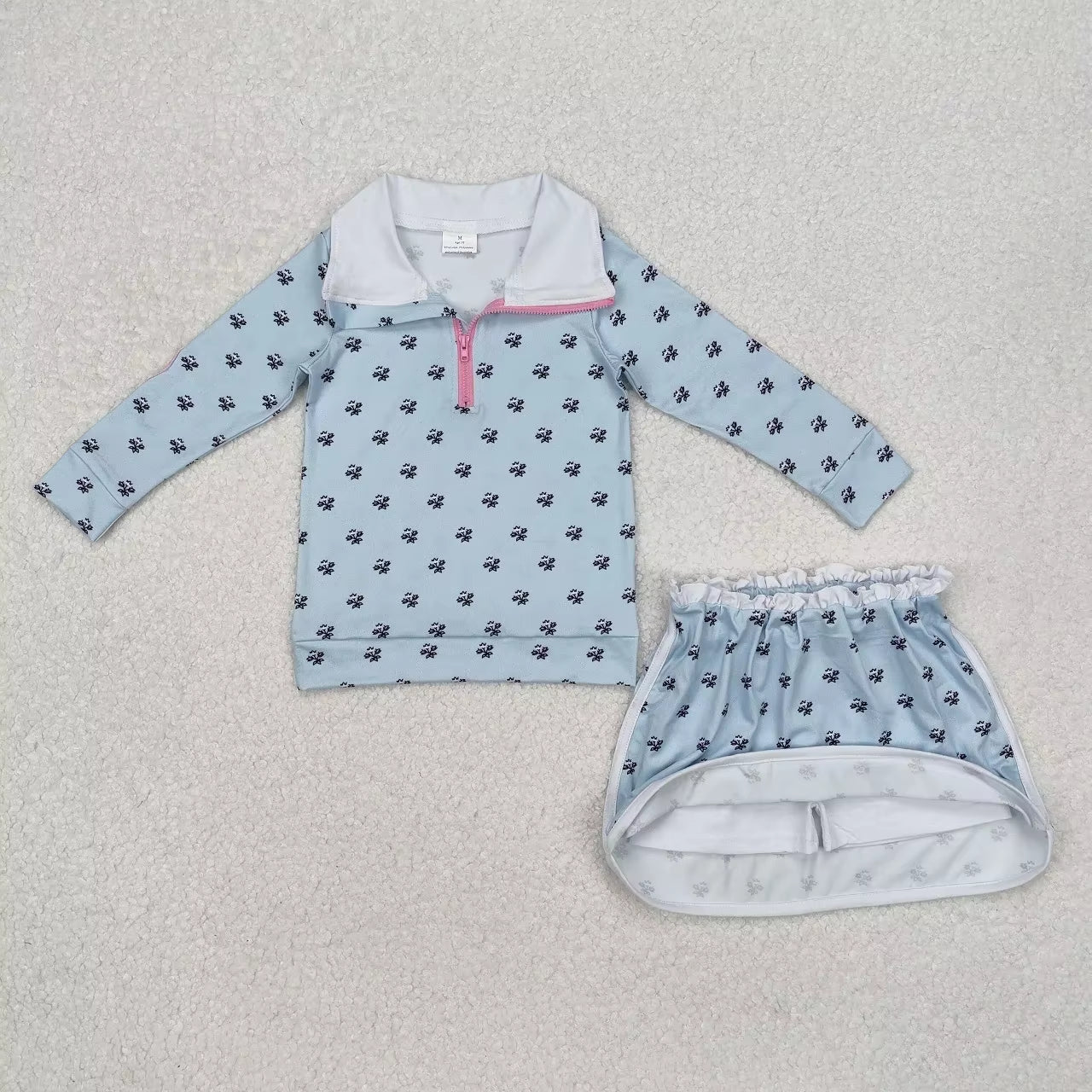 Wholesale Infant Long Sleeves Clothing Blue Flower Shirt Baby Girl Floral Outfit Toddler Skirt Skorts Shorts Children Kids Set
