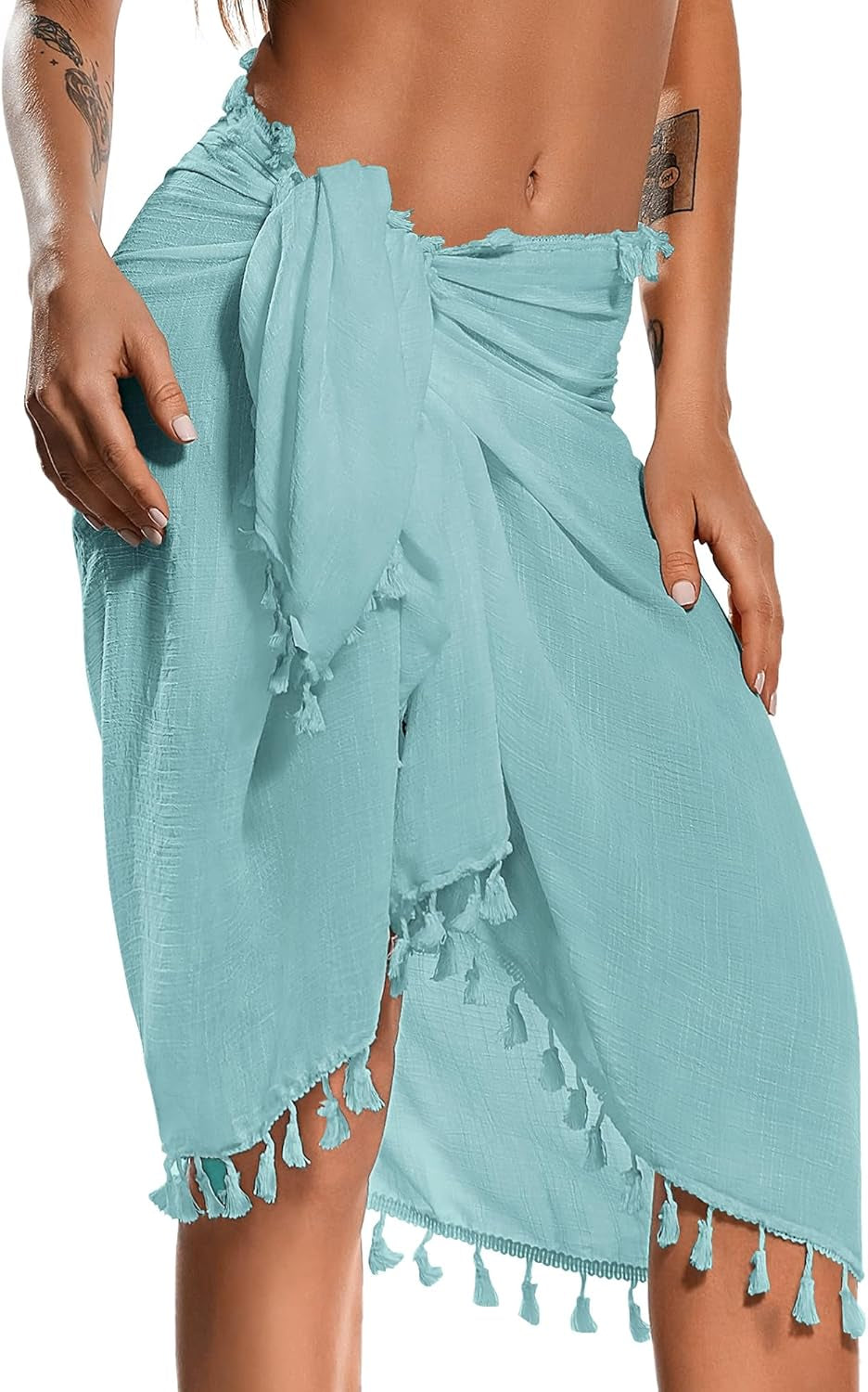 Beach Sarong Pareo Womens Semi-Sheer Swimwear Cover Ups Short Skirt with Tassels