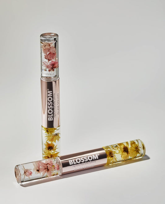 Lip Gloss & Roll on Perfume for Women, Glam Squad Double Sided Gift Set, Infused with Real Flowers, Bachelorette Gift, Made in USA 0.2Oz, Strawberry/Honey Jasmine