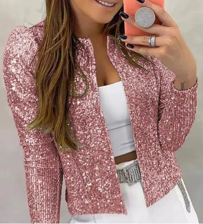 Women Sequin Jackets Glitter Long Sleeve Short Coats Streetwear Elegant Solid Female Tops Female Ladies Office Wear Streetwear