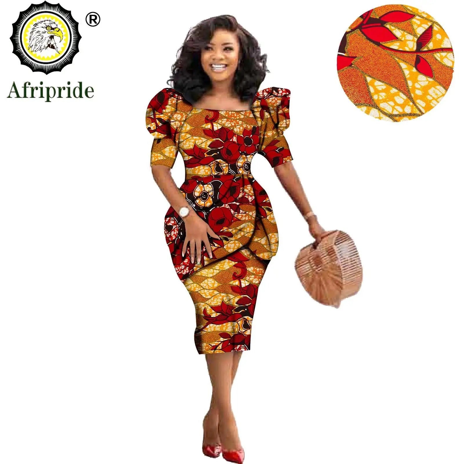 African Ankara Dresses for Women Dashiki Dress Bodycon Dress Print Wax Batik Short Sleeve Party Midi Dress for Lady S2025060