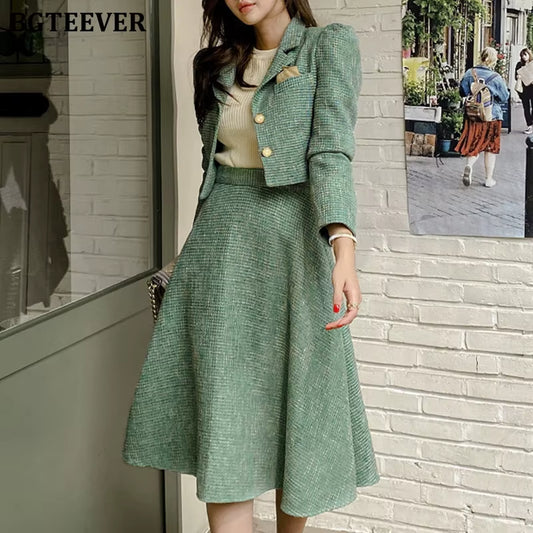 Vintage Ladies 2 Pieces Skirt Suits Short Jackets & High Waist A-Line Midi Skirts 2021 Autumn Elegant Women Suits
