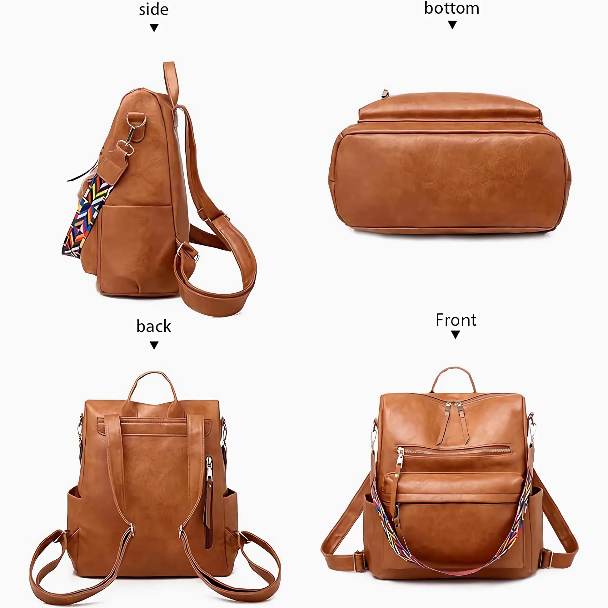 Backpack Purse for Women Fashion Waterproof PU Leather School Backpack Convertible Shoulder Bags Brown