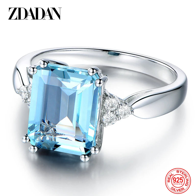 925 Sterling Silver Fashion Aquamarine Gemstone Ring for Women Wedding Party Jewelry Gifts Wholesale