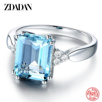 925 Sterling Silver Fashion Aquamarine Gemstone Ring for Women Wedding Party Jewelry Gifts Wholesale